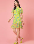 Lime Green Floral Printed Bell Sleeves A-Line Dress