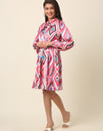 CINK Pink Print Tie-Up Neck Shirt Dress