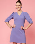 Purple V-Neck Puff Sleeve Sheath Dress