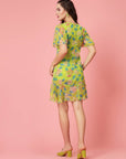 Lime Green Floral Printed Bell Sleeves A-Line Dress