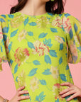 Lime Green Floral Printed Bell Sleeves A-Line Dress