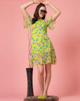 Lime Green Floral Printed Bell Sleeves A-Line Dress