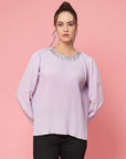 Lavender Puff Sleeves Accordion Pleats Regular Top