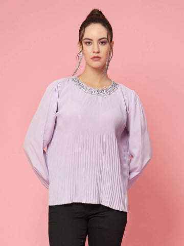 Lavender Puff Sleeves Accordion Pleats Regular Top
