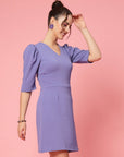 Purple V-Neck Puff Sleeve Sheath Dress