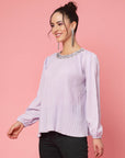 Lavender Puff Sleeves Accordion Pleats Regular Top