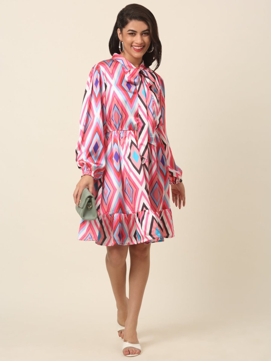 CINK Pink Print Tie-Up Neck Shirt Dress