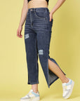 Blue Women Mildly Distressed Side Slit Stretchable Cotton Jeans