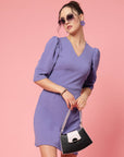 Purple V-Neck Puff Sleeve Sheath Dress