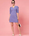 Purple V-Neck Puff Sleeve Sheath Dress
