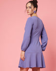 Purple V-Neck Puff Sleeve Fit  Flare Dress