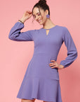 Purple V-Neck Puff Sleeve Fit  Flare Dress
