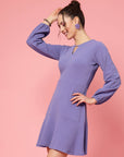 Purple V-Neck Puff Sleeve Fit  Flare Dress