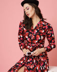 Pink  Black Floral Printed Shirt Collar Cuffed Sleeves Gathered Maxi Dress