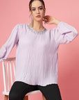 Lavender Puff Sleeves Accordion Pleats Regular Top