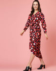 Pink  Black Floral Printed Shirt Collar Cuffed Sleeves Gathered Maxi Dress