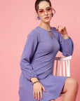 Purple V-Neck Puff Sleeve Fit  Flare Dress