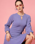 Purple V-Neck Puff Sleeve Fit  Flare Dress