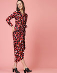 Pink  Black Floral Printed Shirt Collar Cuffed Sleeves Gathered Maxi Dress