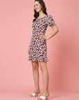 Maroon  White Floral Printed Puff Sleeves Ruffles Detail A-Line Dress