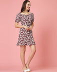 Maroon  White Floral Printed Puff Sleeves Ruffles Detail A-Line Dress