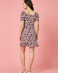 Maroon  White Floral Printed Puff Sleeves Ruffles Detail A-Line Dress