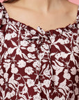 Maroon  White Floral Printed Puff Sleeves Ruffles Detail A-Line Dress