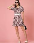 Maroon  White Floral Printed Puff Sleeves Ruffles Detail A-Line Dress