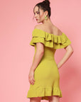 Mustard Yellow Off-Shoulder Ruffles Sheath Dress