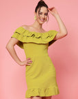 Mustard Yellow Off-Shoulder Ruffles Sheath Dress