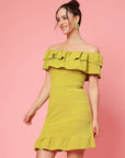 Mustard Yellow Off-Shoulder Ruffles Sheath Dress