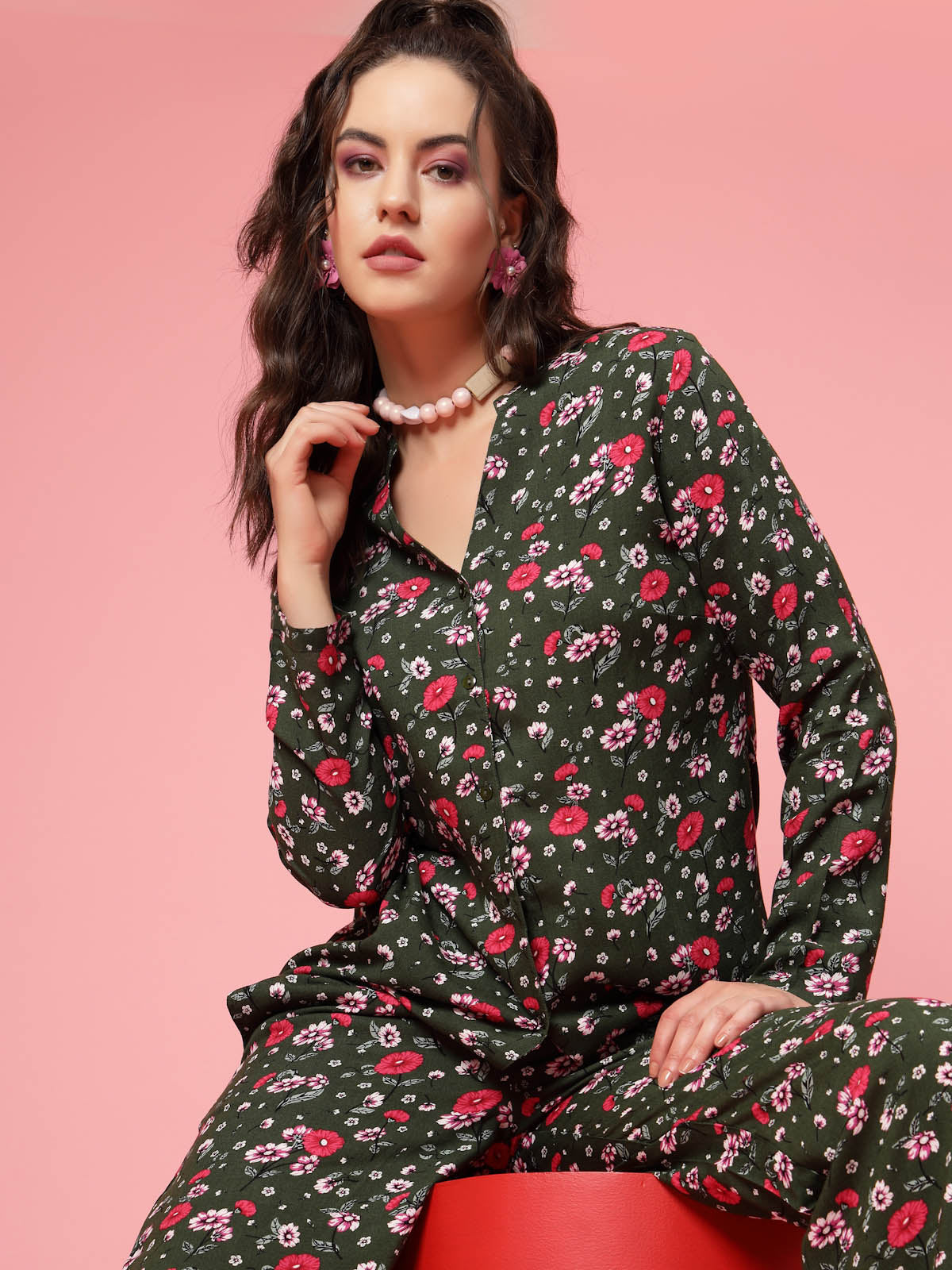 Floral Printed Mandarin Collar Shirt &amp; Trouser