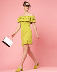 Mustard Yellow Off-Shoulder Ruffles Sheath Dress