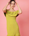 Mustard Yellow Off-Shoulder Ruffles Sheath Dress