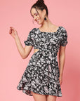Black  White Floral Printed Puff Sleeve Cut Out Monochrome Fit  Flare Dress