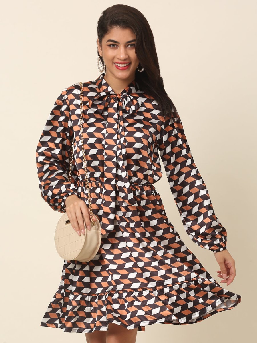 CINK Checked Puff Sleeve A-Line Dress