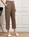 Women Brown Pleated Cropped Trousers