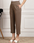 Women Brown Pleated Cropped Trousers