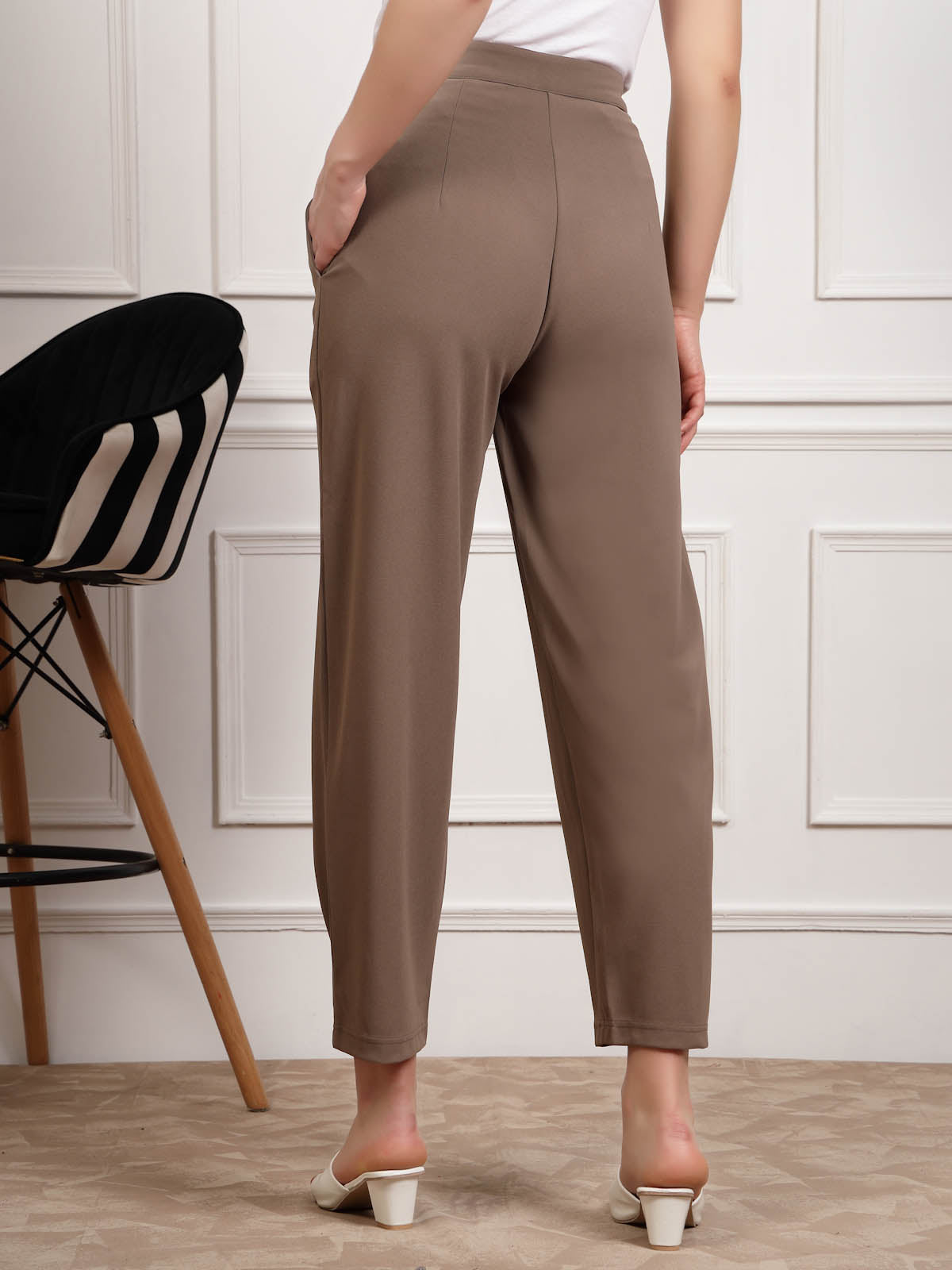 Brown Women Mid Rise Pleated Trousers