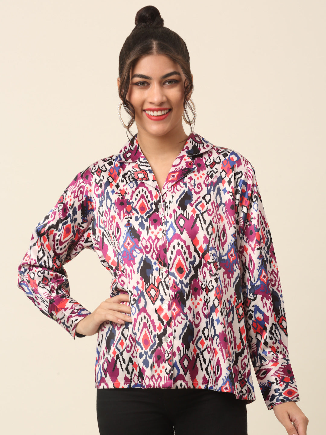 Pink Abstract Printed Cutaway Collar Casual Shirt