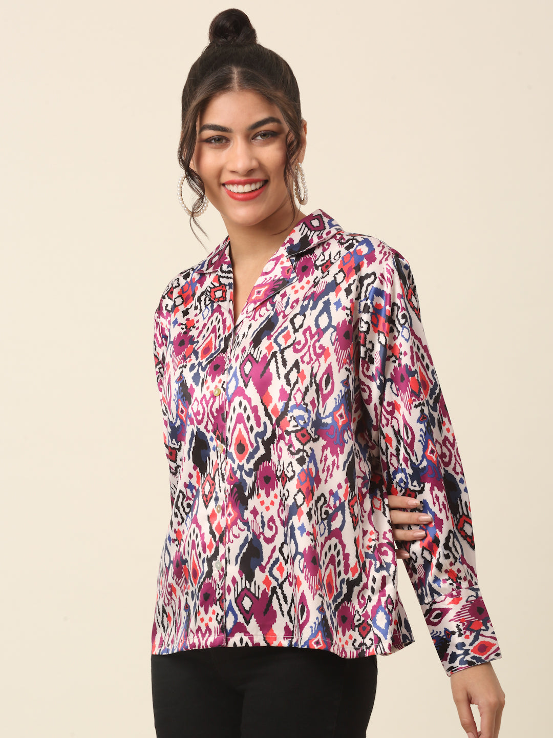 Pink Abstract Printed Cutaway Collar Casual Buttoned Top