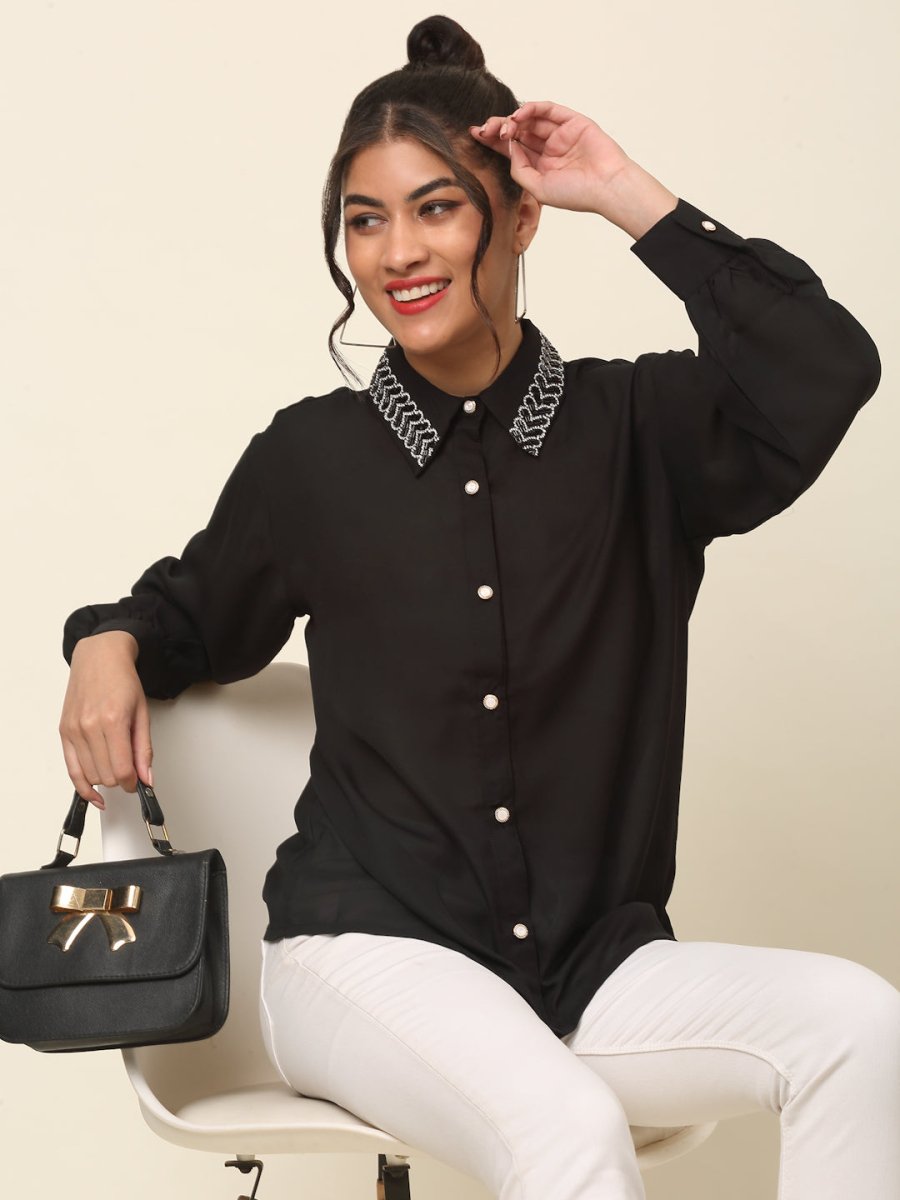 CINK Black Spread Collar Casual Buttoned Top