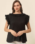 Black Flutter Sleeve Ruffles Top