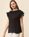 Black Flutter Sleeve Ruffles Top