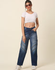 Women Blue Heavy Fade Crinkle Effect Stretchable Cotton Jeans