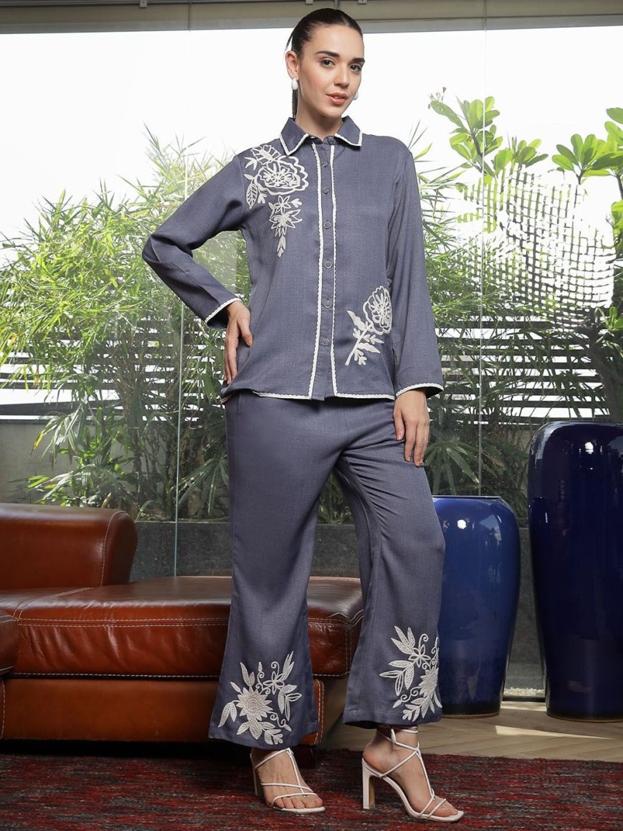 Shirt Collar Embroidered Cotton Shirt With Trousers Co-Ords Set blue