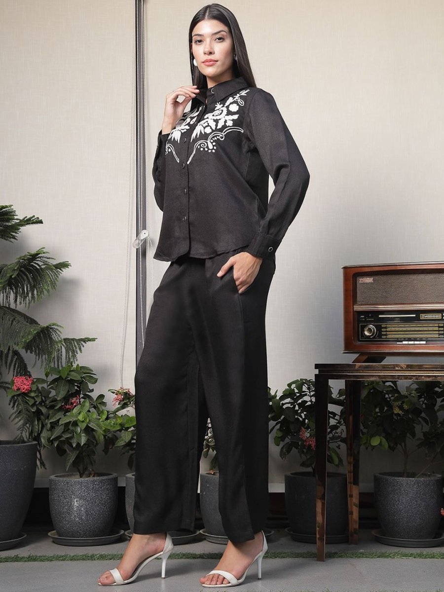 Shirt Collar Embroidered Cotton Shirt With Trousers Co-Ords Set black