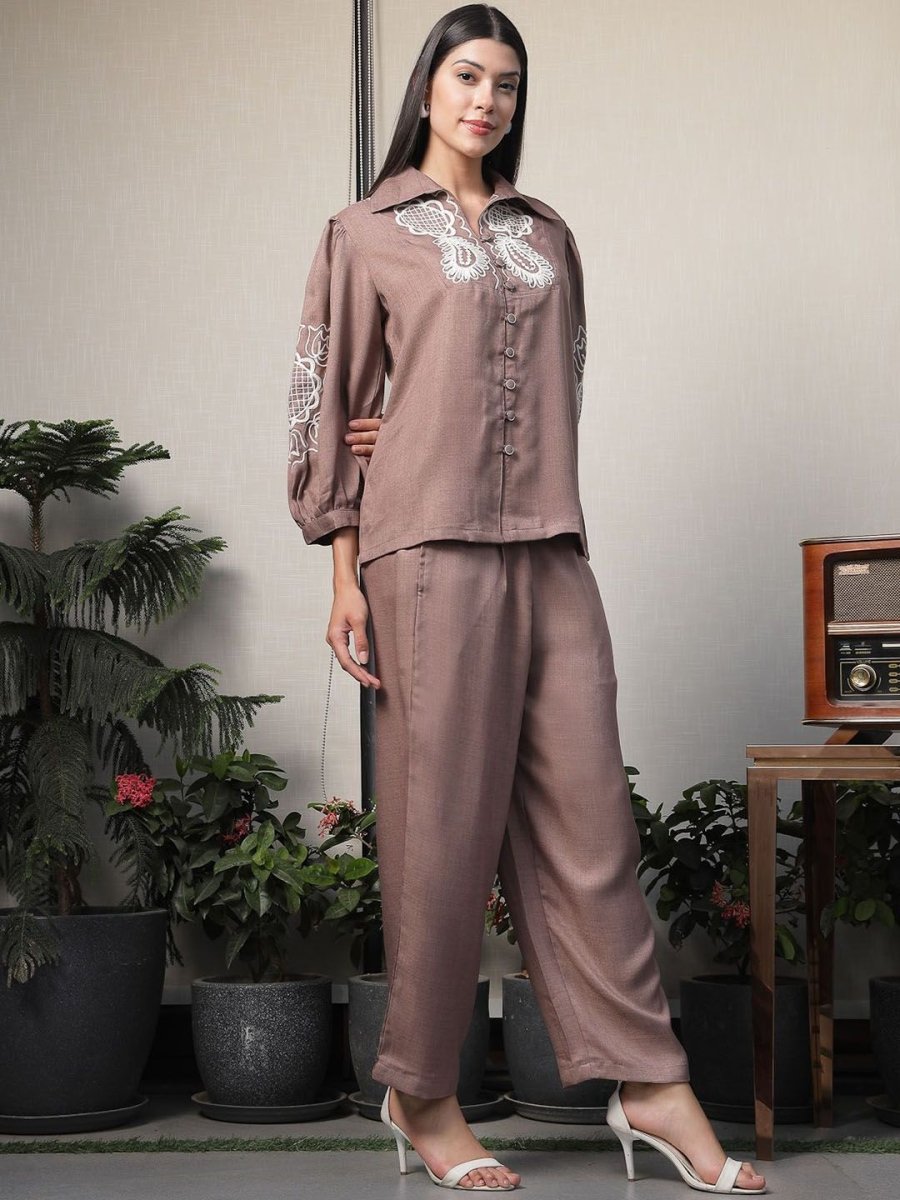 Shirt Collar Embroidered Cotton Shirt With Trousers Co-Ords Set brown