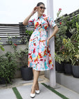 Floral Printed Shirt Collar Short Sleeves Shirt Dress Pink