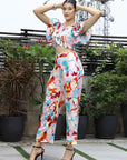 Printed V-Neck Top With Trousers Co-Ord Set pink